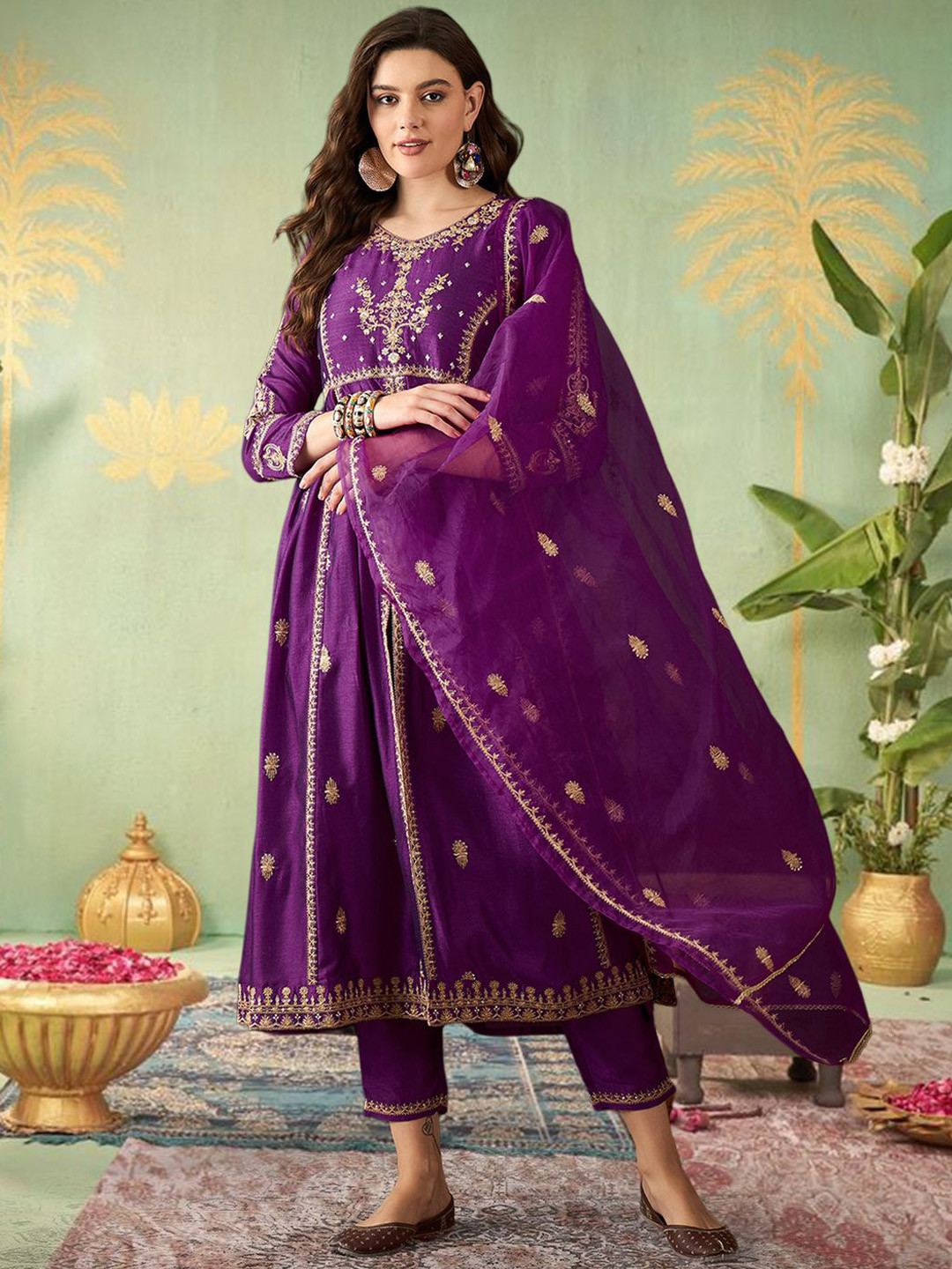 Sangria Floral Embroidered V-Neck Empire Sequinned Anarkali Kurta With Trouser And Dupatta