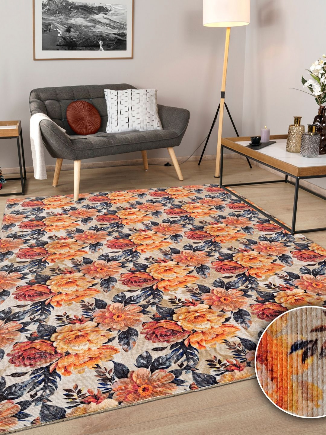 Kaleen India Brown & Orange Floral Printed Rectangle Anti-Skid Carpet