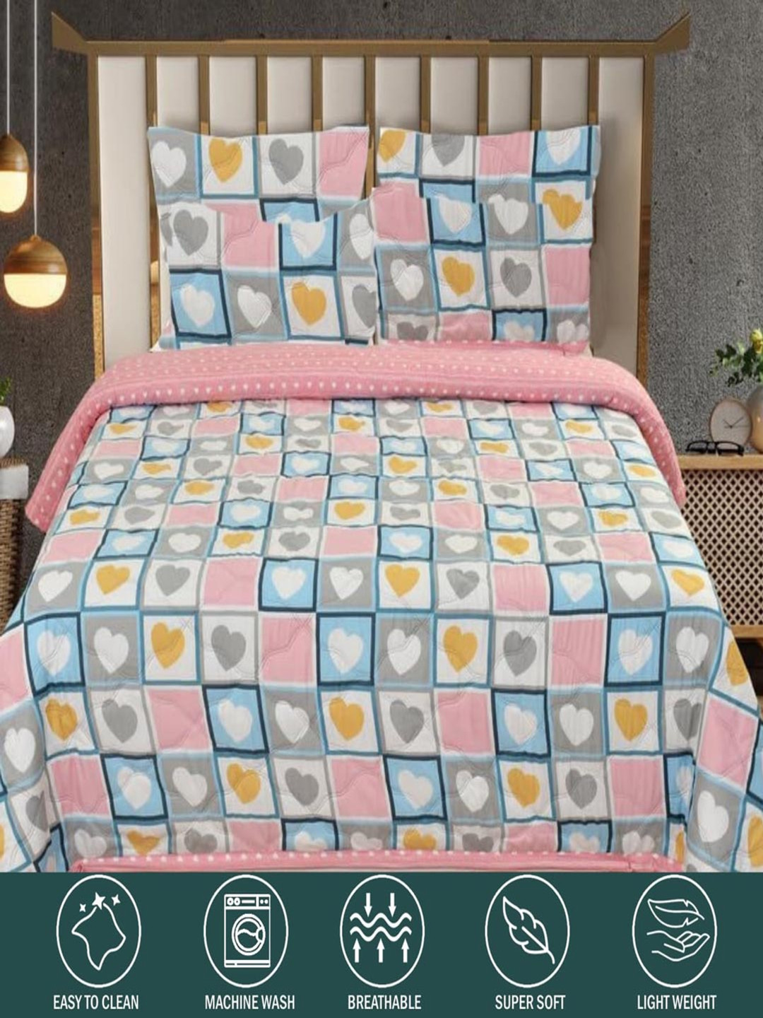 Innovative Edge Pink 3 Pcs Printed Cotton 210GSM Double Bed Comforter With 2 Pillow Cover