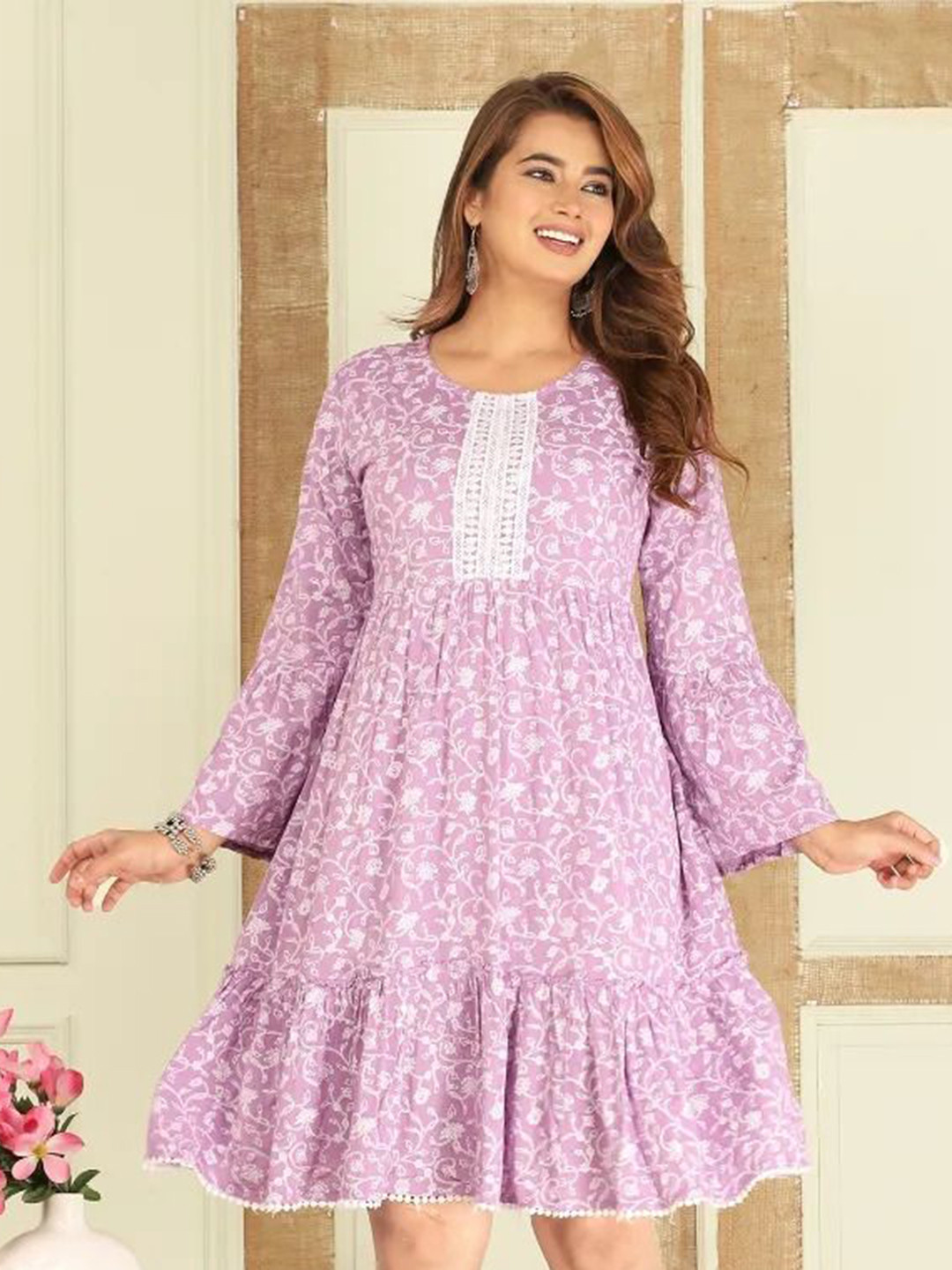 Aaheli Mystic Mauve Floral Printed Bell Sleeve Cotton Fit & Flare Dress