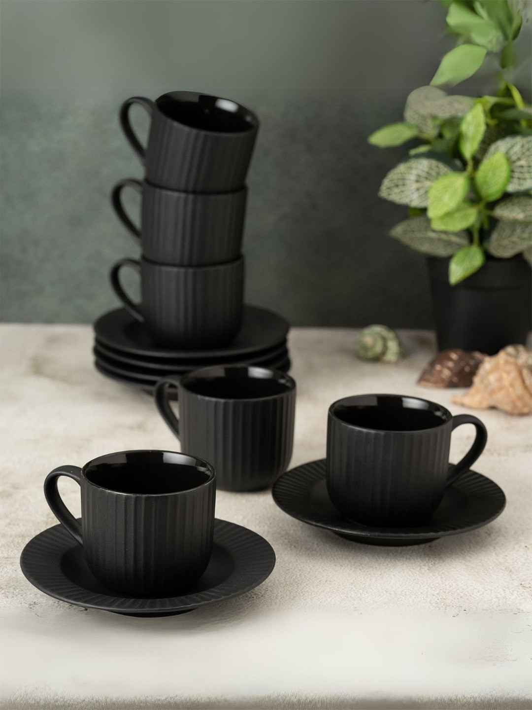 CLAY CRAFT Ceramic Linea Black Cups & Saucer, Set Of 12, Cups For Tea & Coffee