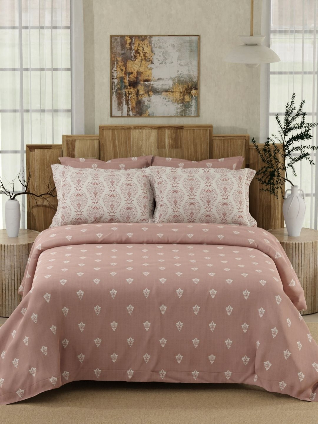 Boutique Living India Isabella Pink Printed Cotton 500TC King Bedsheet Set 2.74m x 2.74m