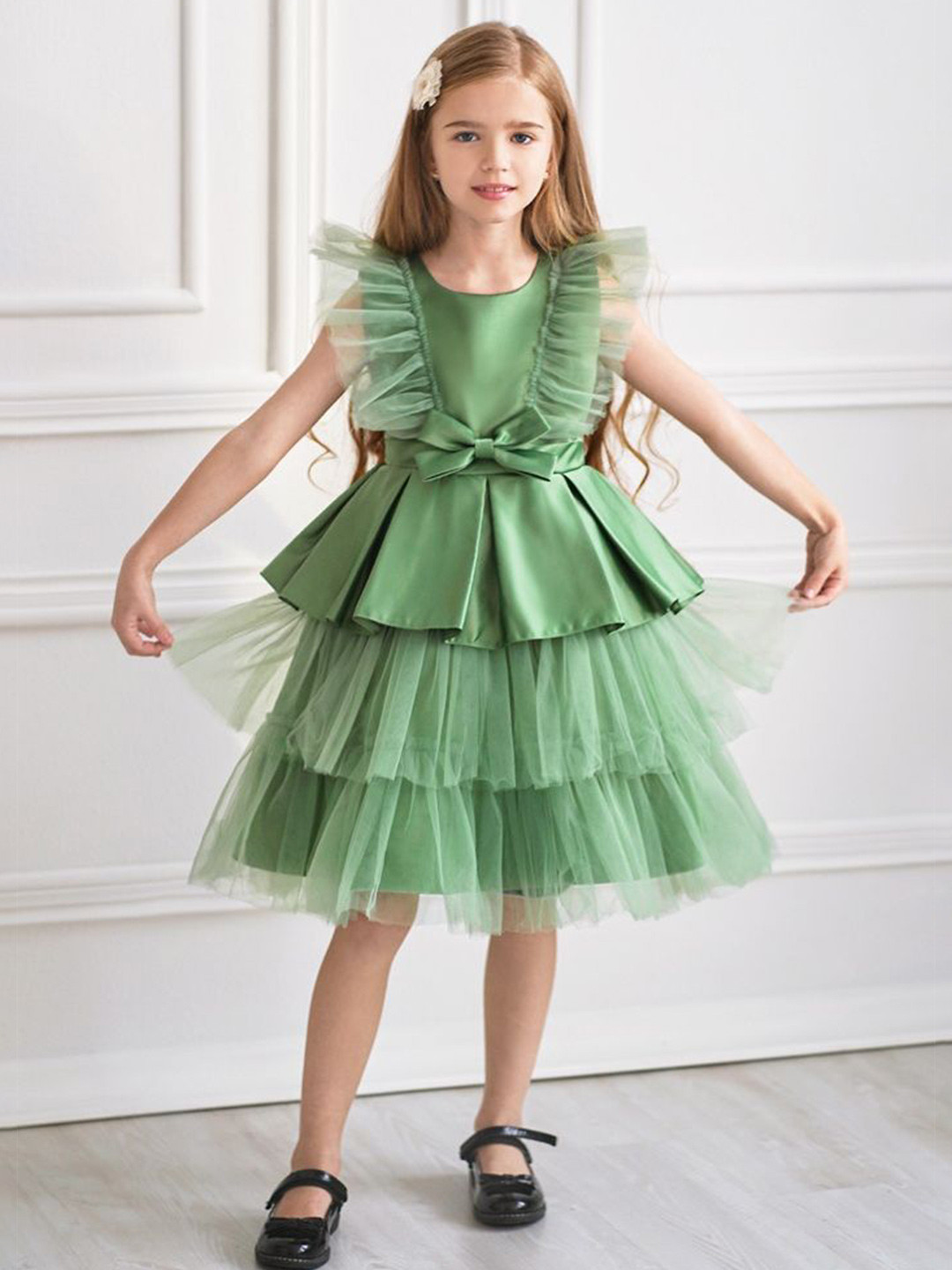 LULU & SKY Girls Flutter Sleeve Layered Fit & Flare Dress with Bow Details