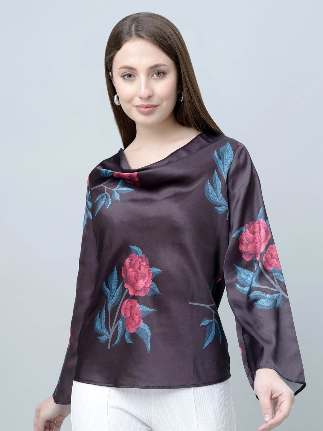 PURYS Floral Print Cowl Neck Bell Sleeve Sheen Satin Top