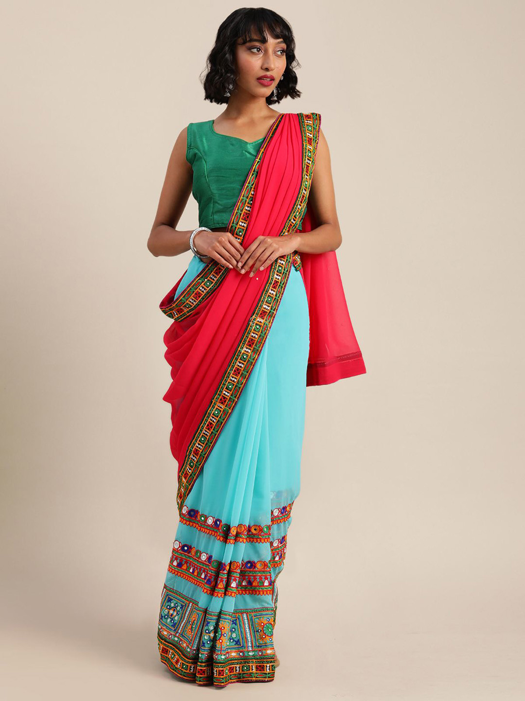 DIVASTRI Embellished Kantha Work Pure Georgette Half and Half Saree