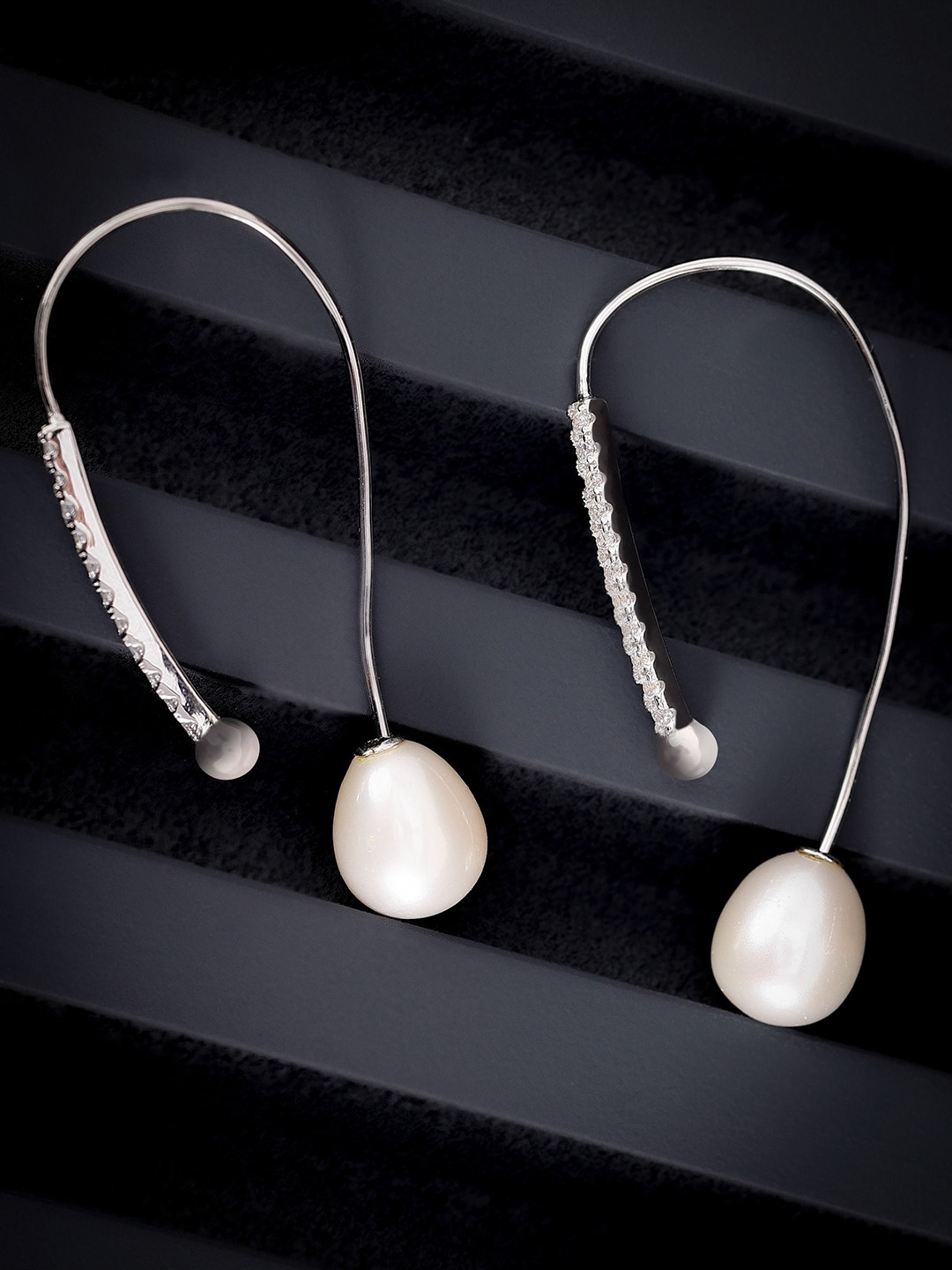 DIAVO Rose Silver-Plated Artificial Pearls Studded Contemporary Shaped Hoop Earrings