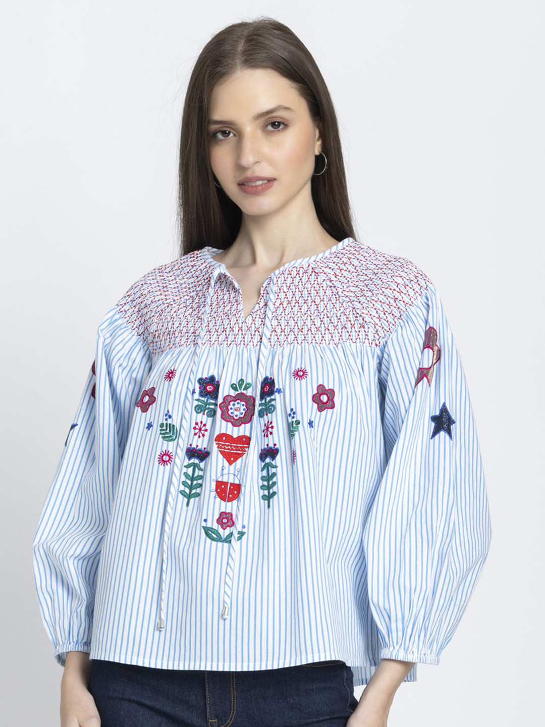SHAYE White Round Neck Embroidered Three-Quarter Sleeves Casual Tops For Women
