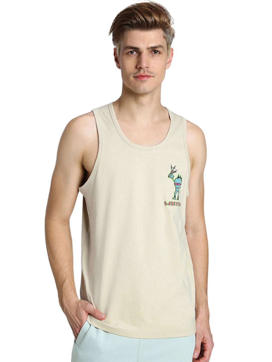 VEIRDO Men Beige Detail Printed Round Neck Pure Cotton Regular Fit Gym Vest