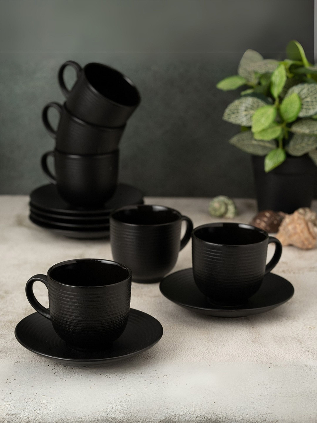 Clay Craft Fine Ceramic Horizon Black Cups & Saucer, Set Of 12, Cups For Tea & Coffee