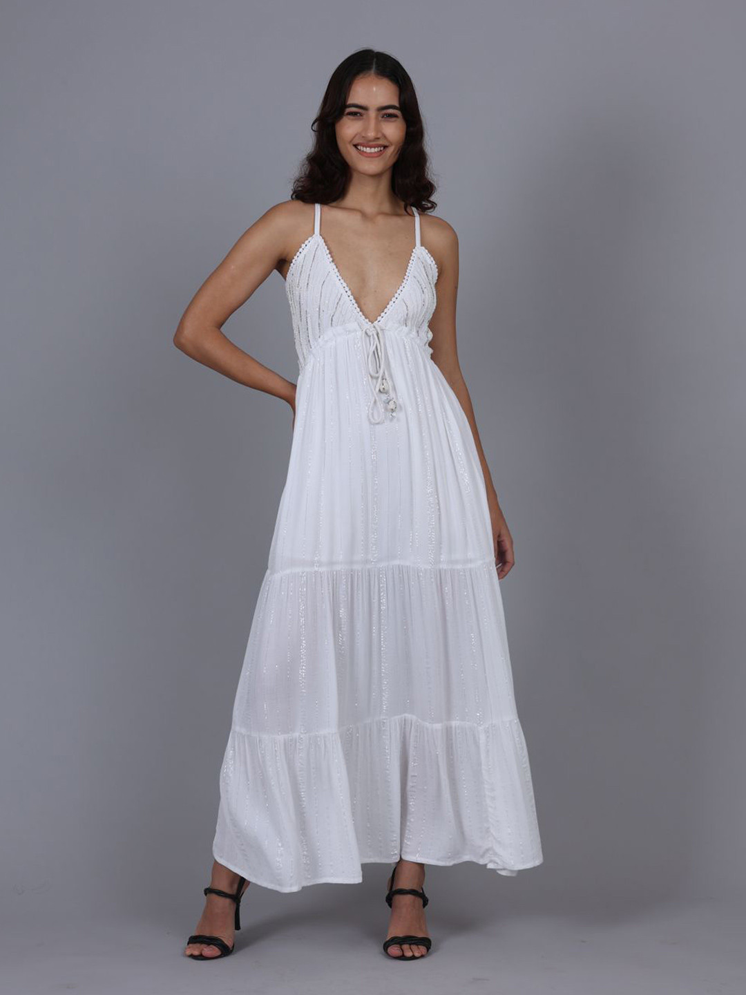 POPPIES LANE Baby Powder White Lurex Long Dress