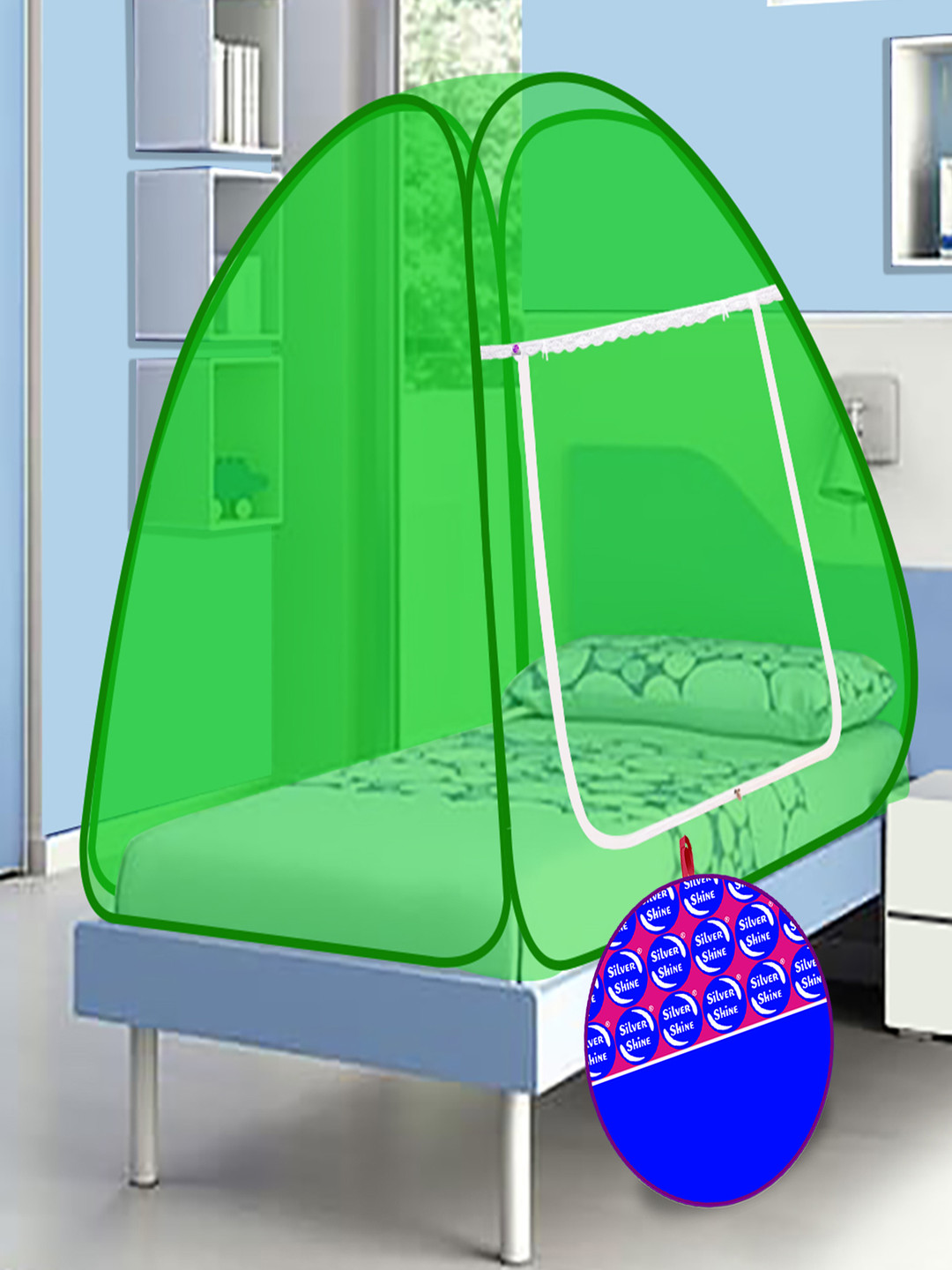 Silver Shine Green & White Single Bed Foldable Tent Mosquito Net