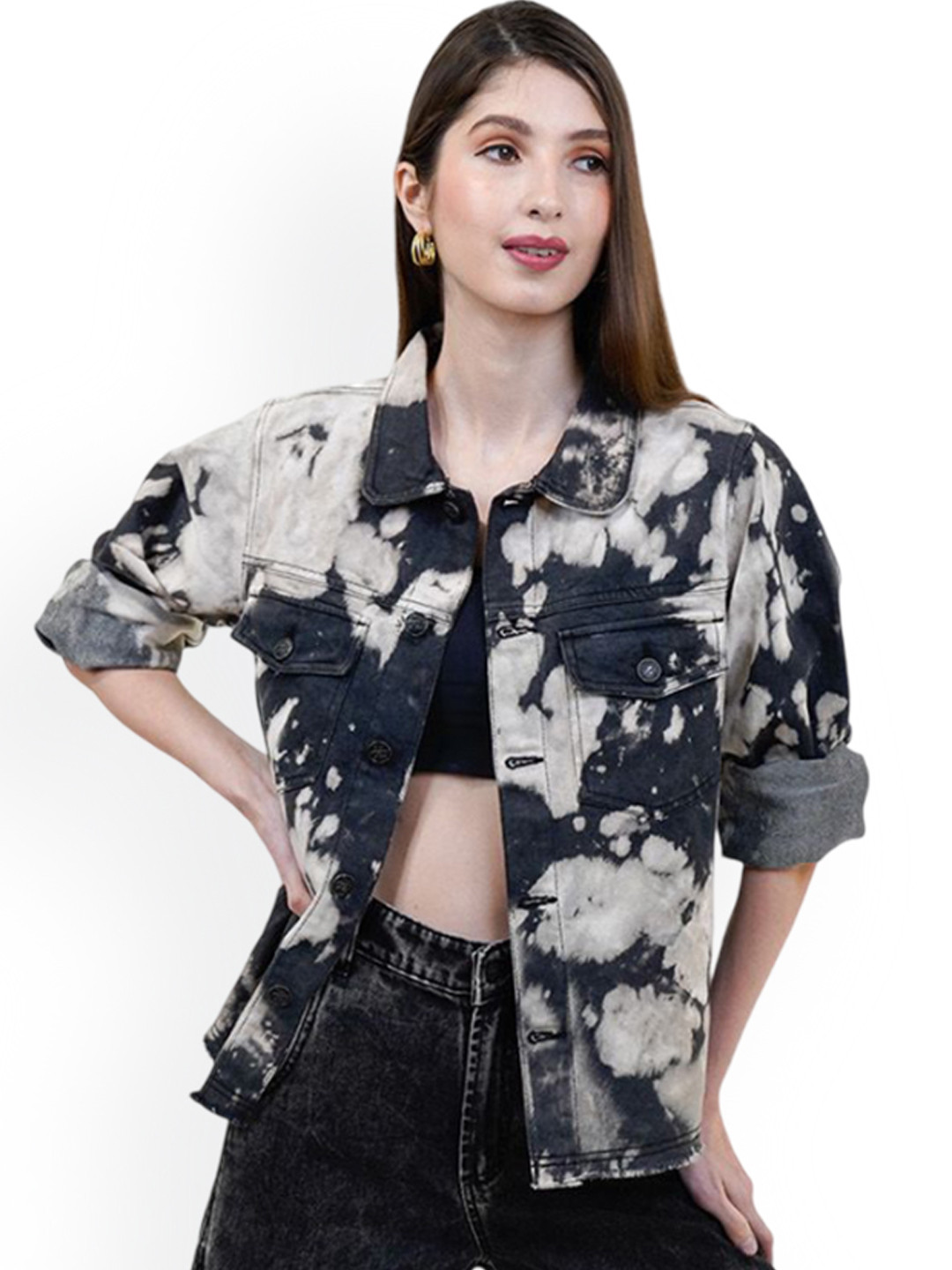 COSMIC TRIO Women Tie and Dye Lightweight Denim Jacket