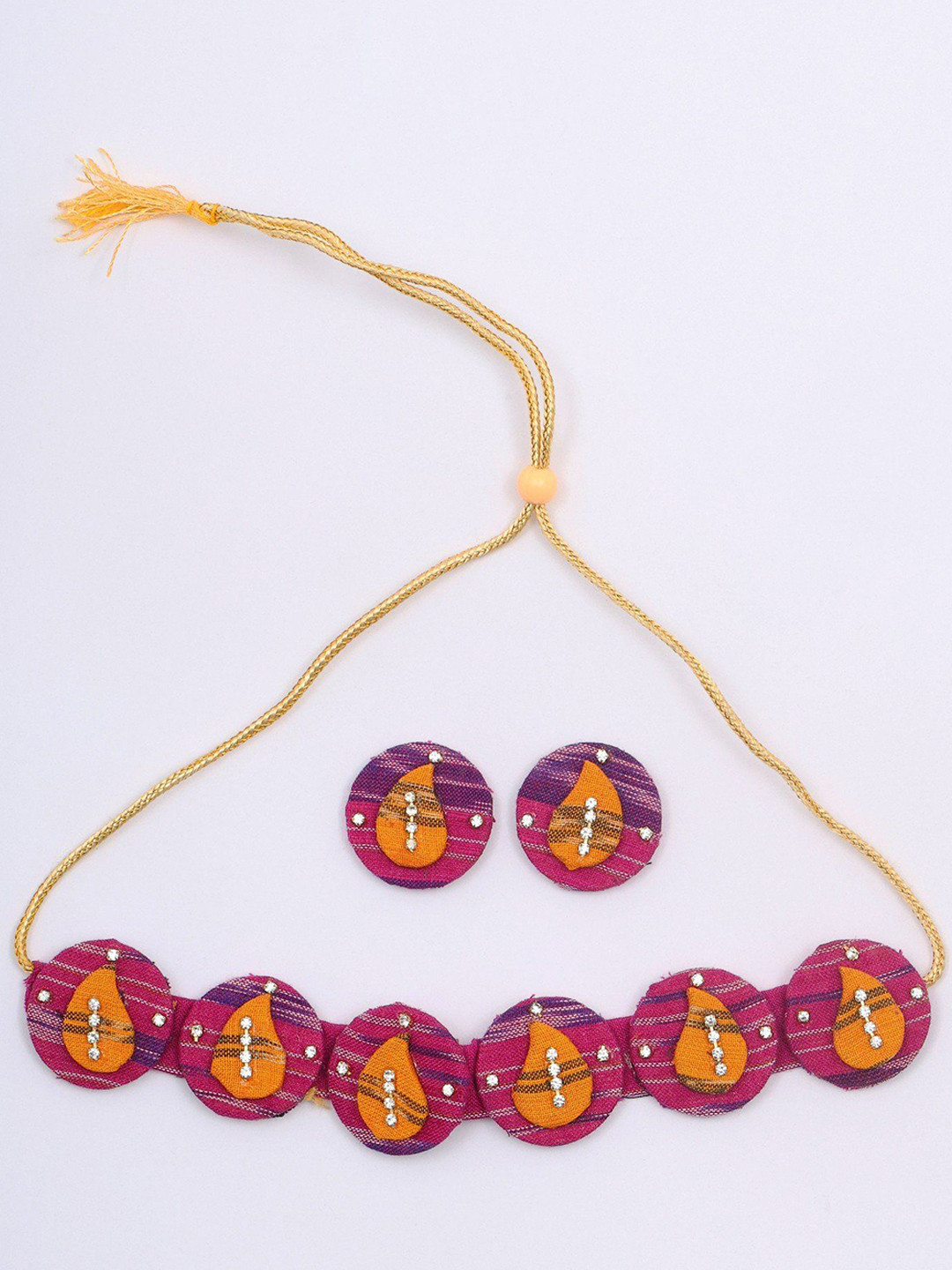 Exotic India Round Shape Handloom Sambalpuri Fabric Choker Set with Earrings