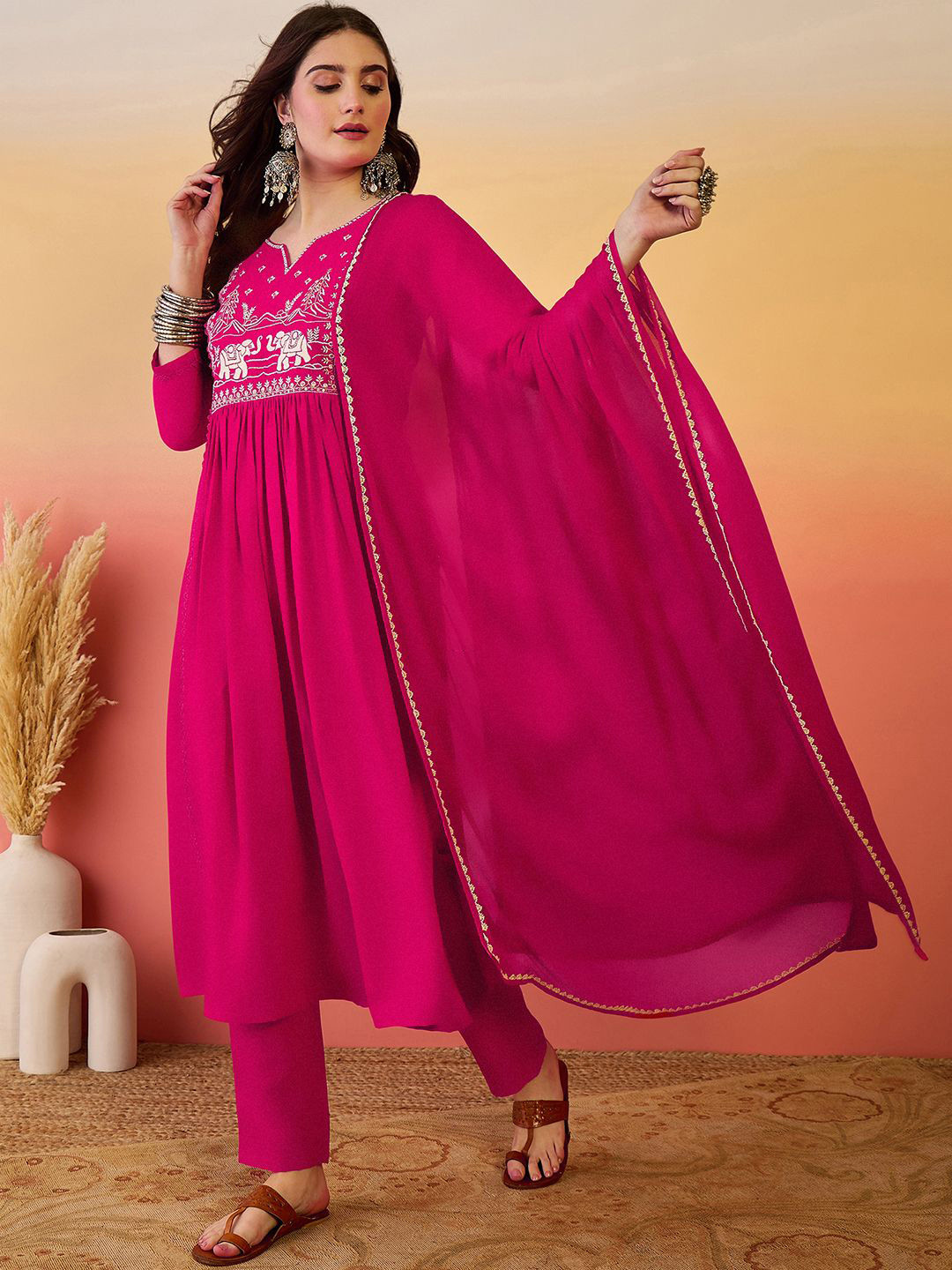 Sangria Embroidered Notch Neck A-Line Kurta With Trousers & Dupatta