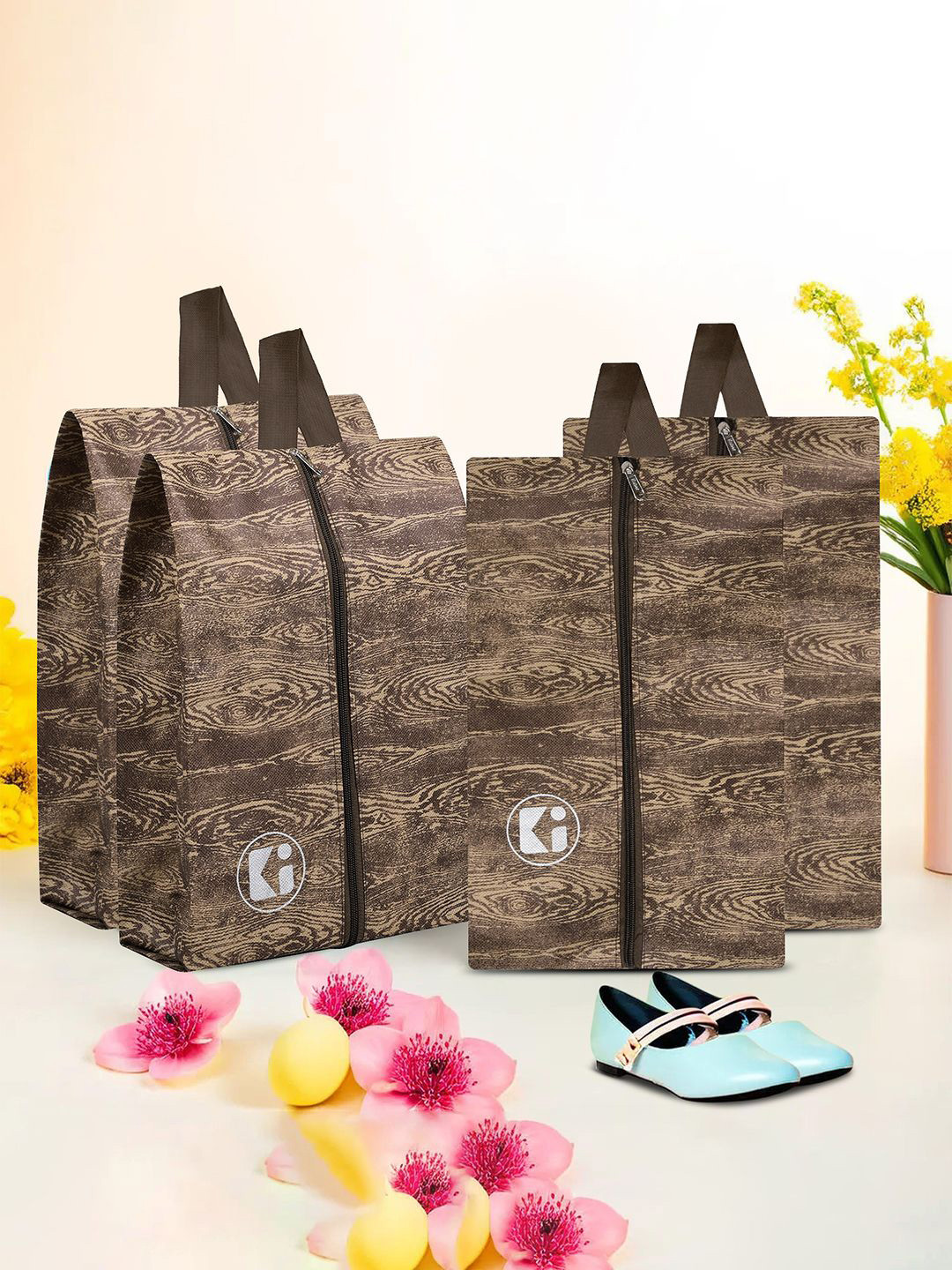 Kuber Industries Brown Pack Of 4 Abstract Printed Non-Woven Travel Shoe Organizer