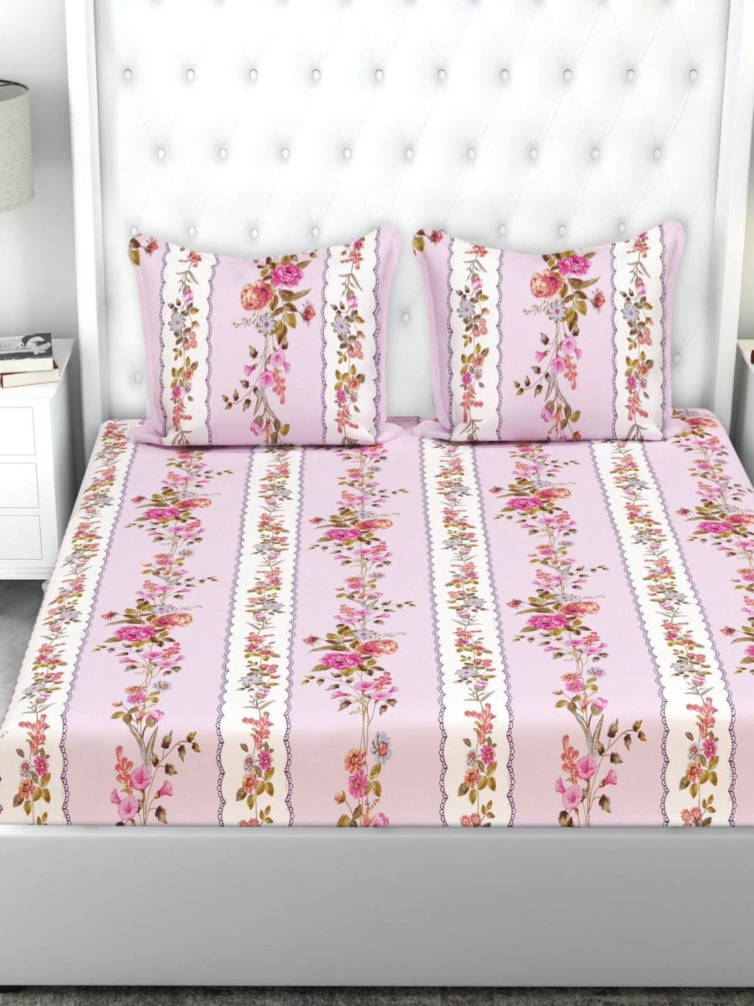 bsb home Valancia Pink Floral Microfiber 210 TC Queen Bedsheet with 2 Pillow Covers-228 x 220 cm