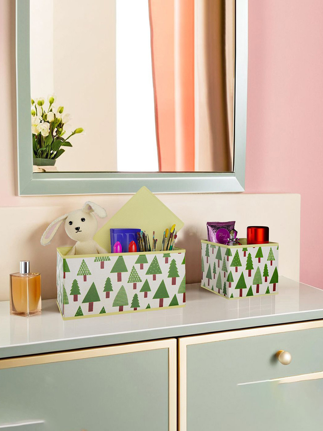 Kuber Industries Cream-Coloured 12 Pieces Tree Printed Cotton Drawer Organizer for Socks