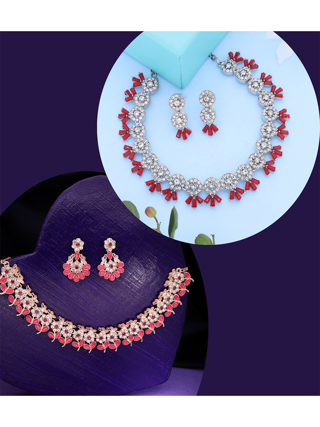 DIVASTRI Pahal Set Of 2 Silver-Plated & Rose Gold-Plated AD Studded Jewellery Set