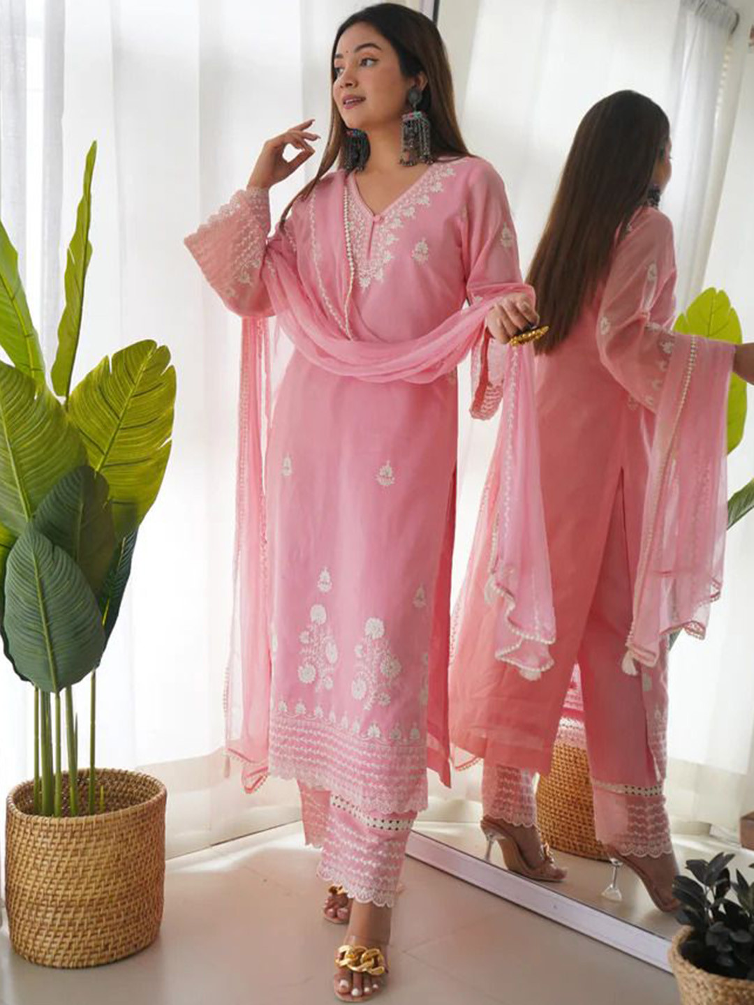 Bought First Floral Embroidered A-Line Thread Work Kurta With Pyjamas And Dupatta