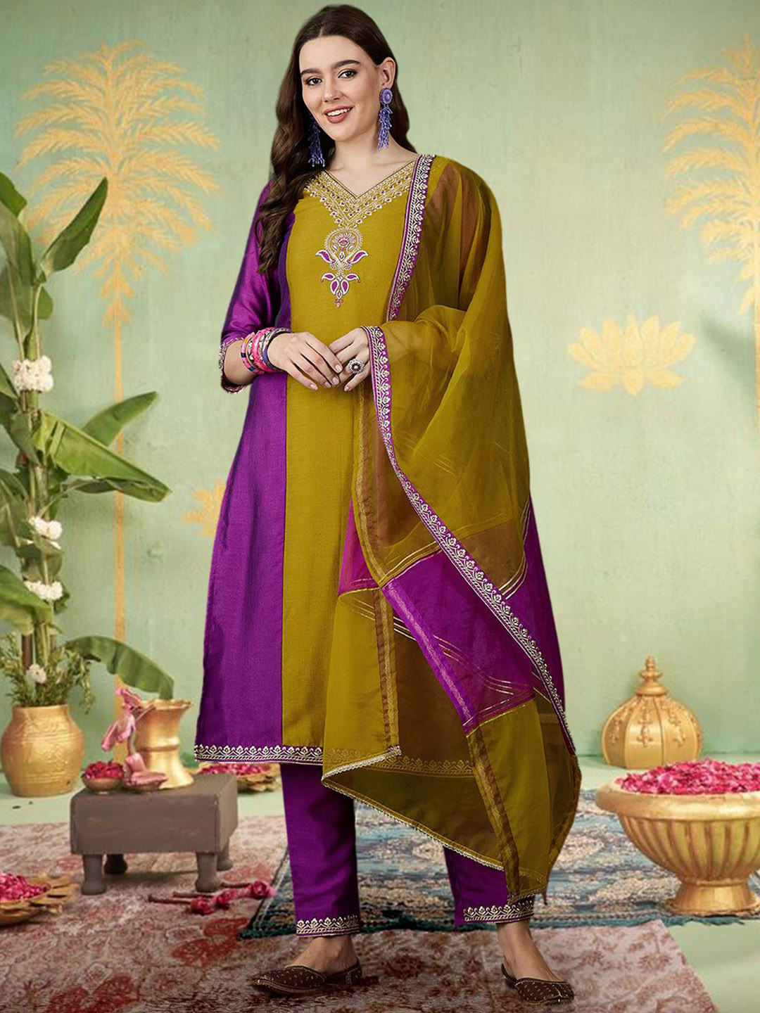 Sangria Floral Embroidered Sequinned Work V-Neck Straight Kurta With Trouser & Duputta