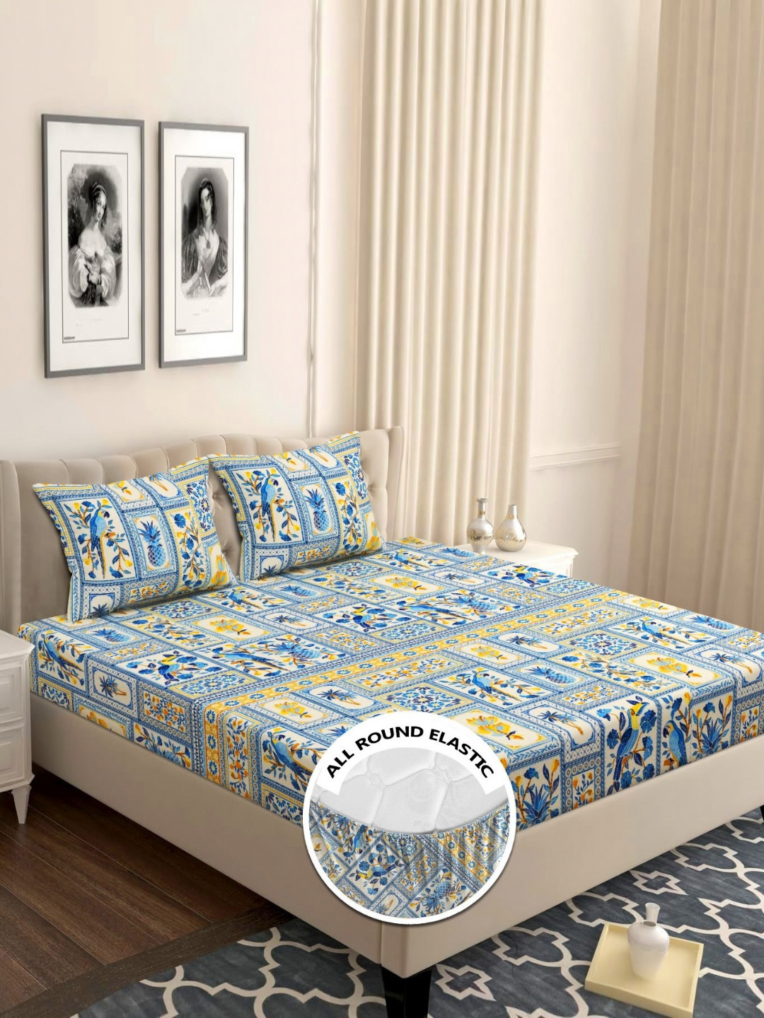 bsb home Valancia Blue Graphic Microfiber Wrinkle Free 210 TC Fitted King Fine Bedsheet with 2 Pillow Covers-78 x 72 inches