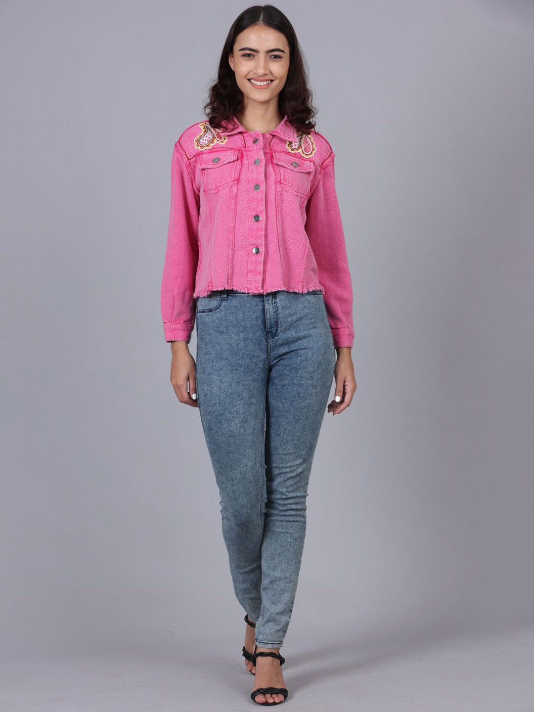 POPPIES LANE Bubblegum Pink Jacket With Hand Embroidered Butterfly