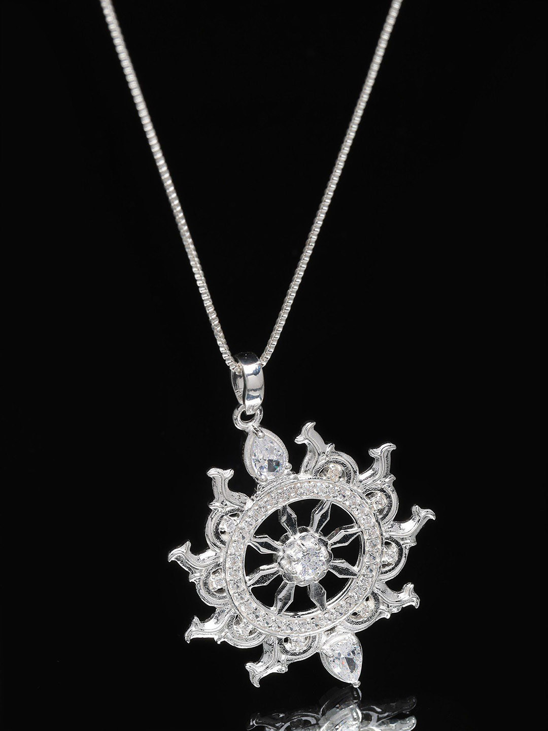 Exotic India Sterling Silver Sudarshan Chakra Pendant With Cubic Zirconia