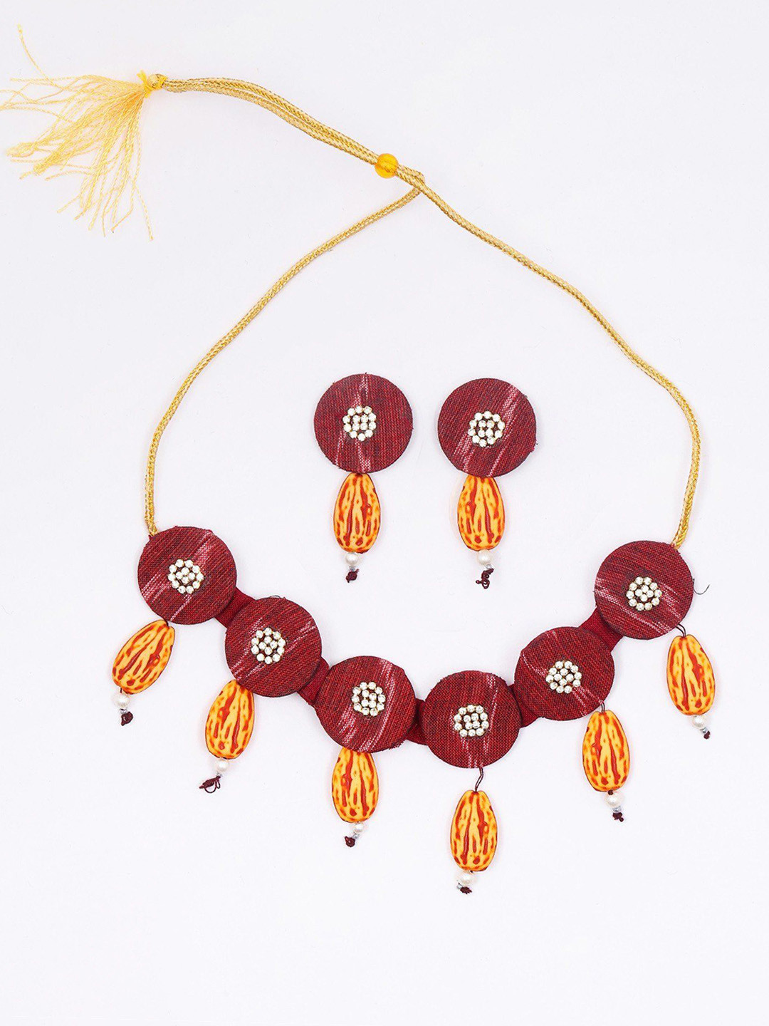Exotic India Stone Studded Sambalpuri Fabric Choker & Earrings Set with Dangling Stones