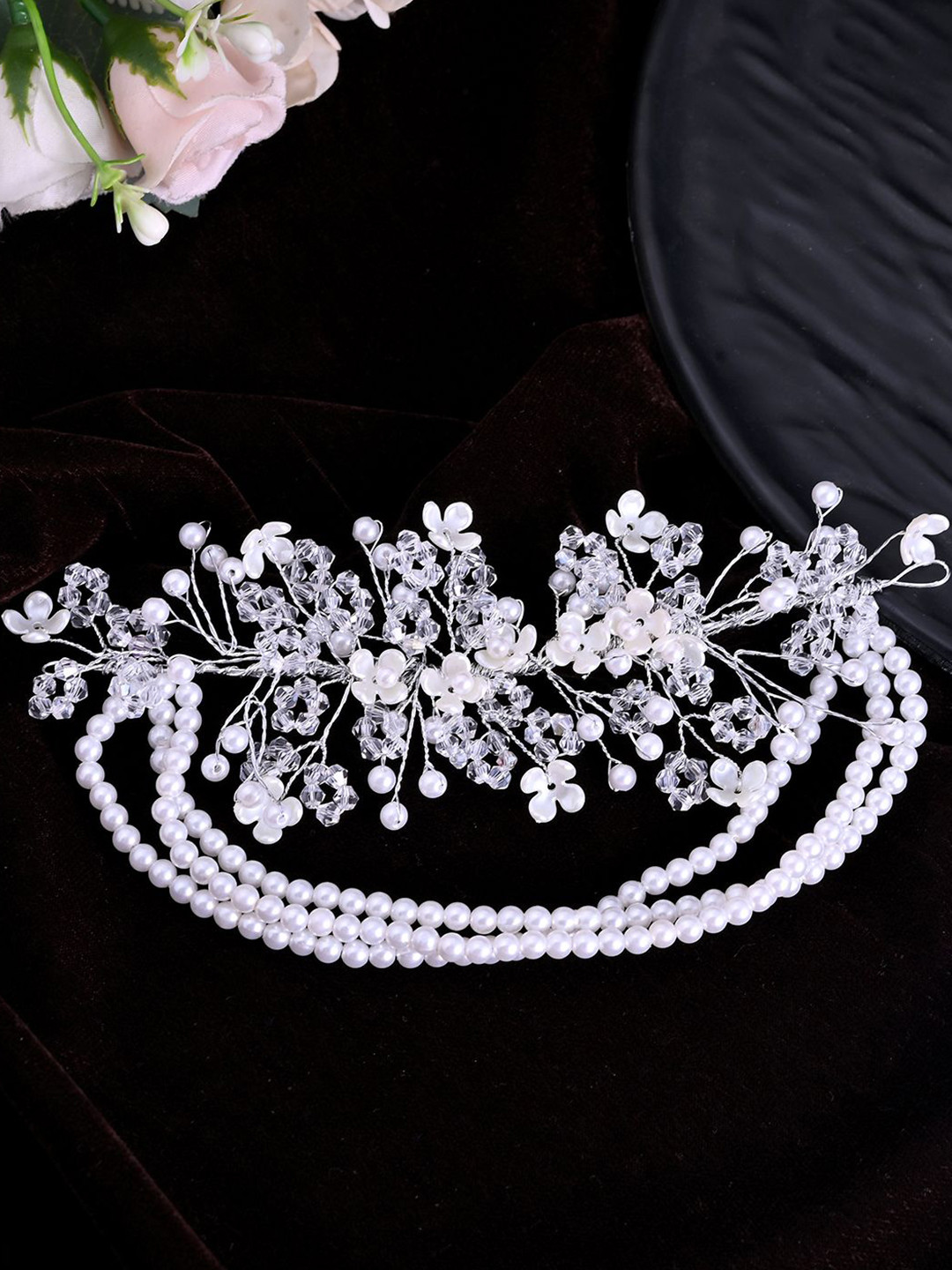 Silvermerc Designs Women Elegant Bridal Tiara with Pearls and Crystal Flowers
