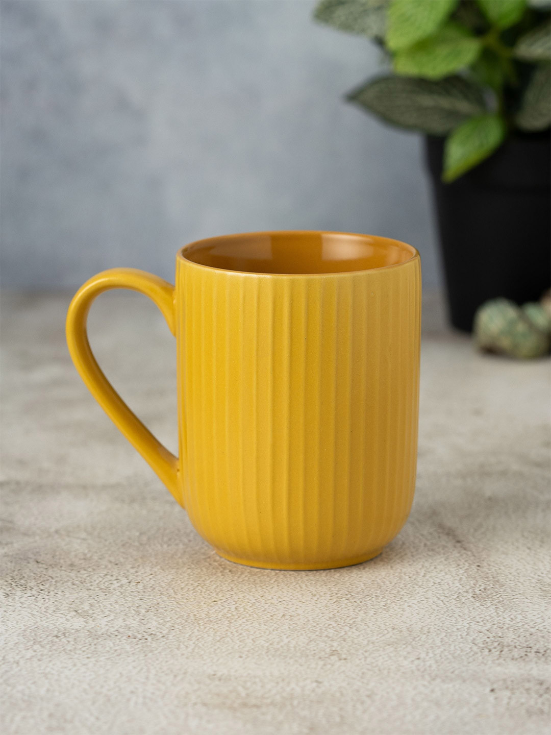 CLAY CRAFT Premia Series New Iris Mustard Striped Ceramic Handmade Mug-360ml