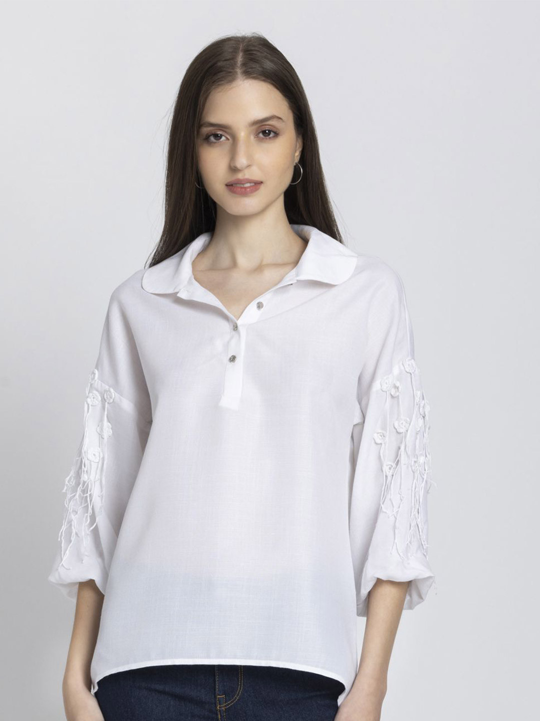SHAYE Women White Shirt Collar Embroidered Three-Quarter Sleeves Casual Top