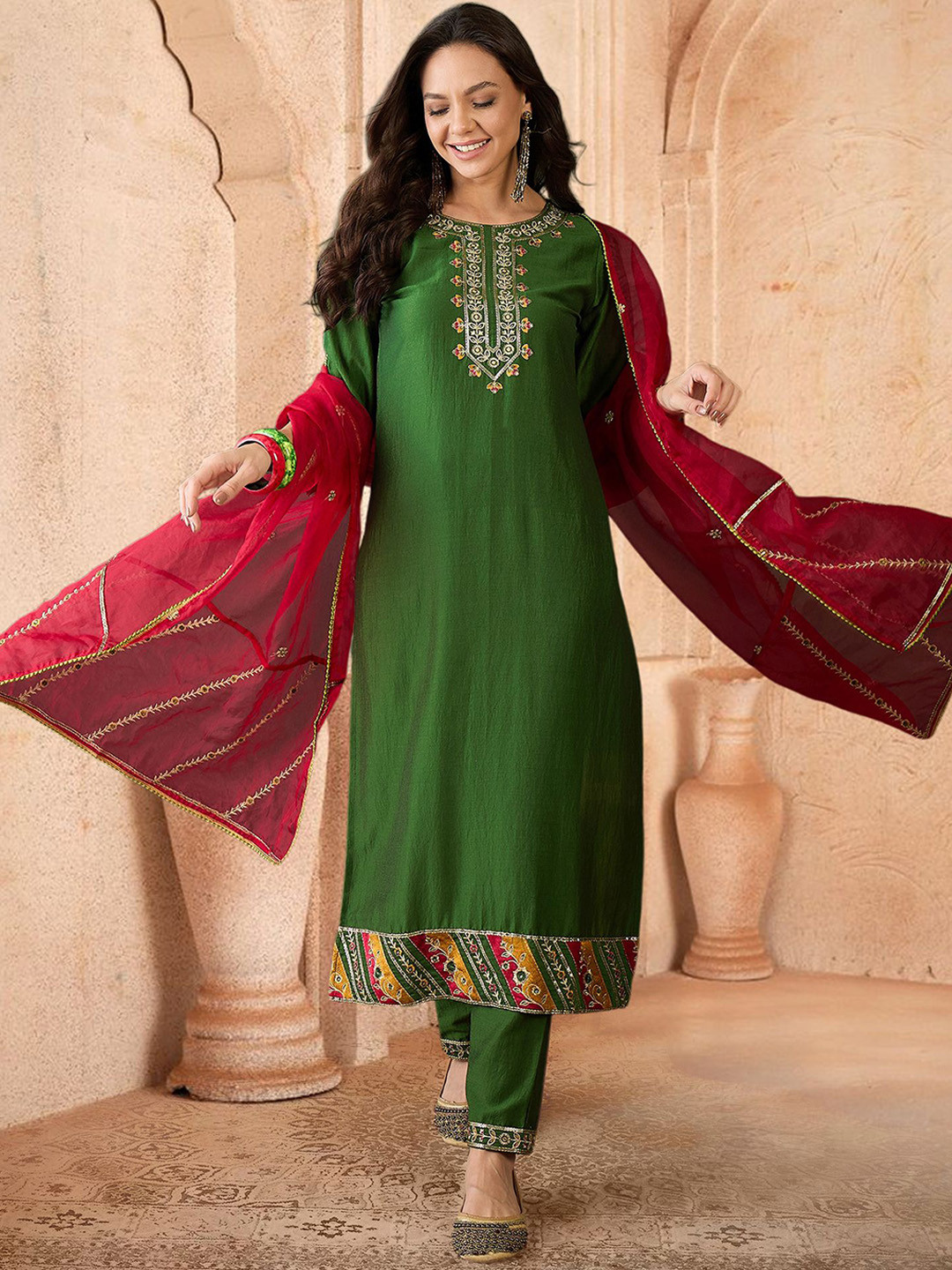 Sangria Floral Embroidered Zari & Sequinned Work Straight Kurta With Trouser & Duputta