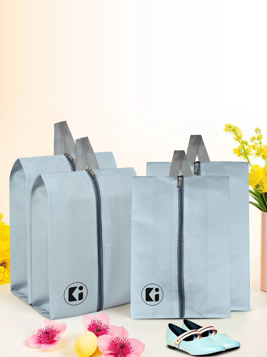 Kuber Industries Grey Pack of 4 Printed Water Resistant Parachute Shoes Travel Organizer