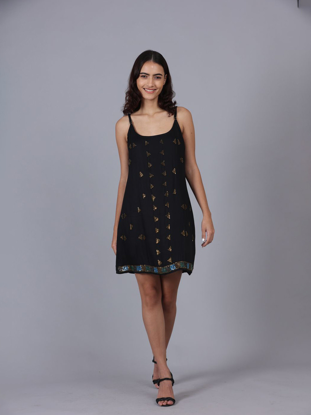 POPPIES LANE Rich Black Beaded Strap Dress