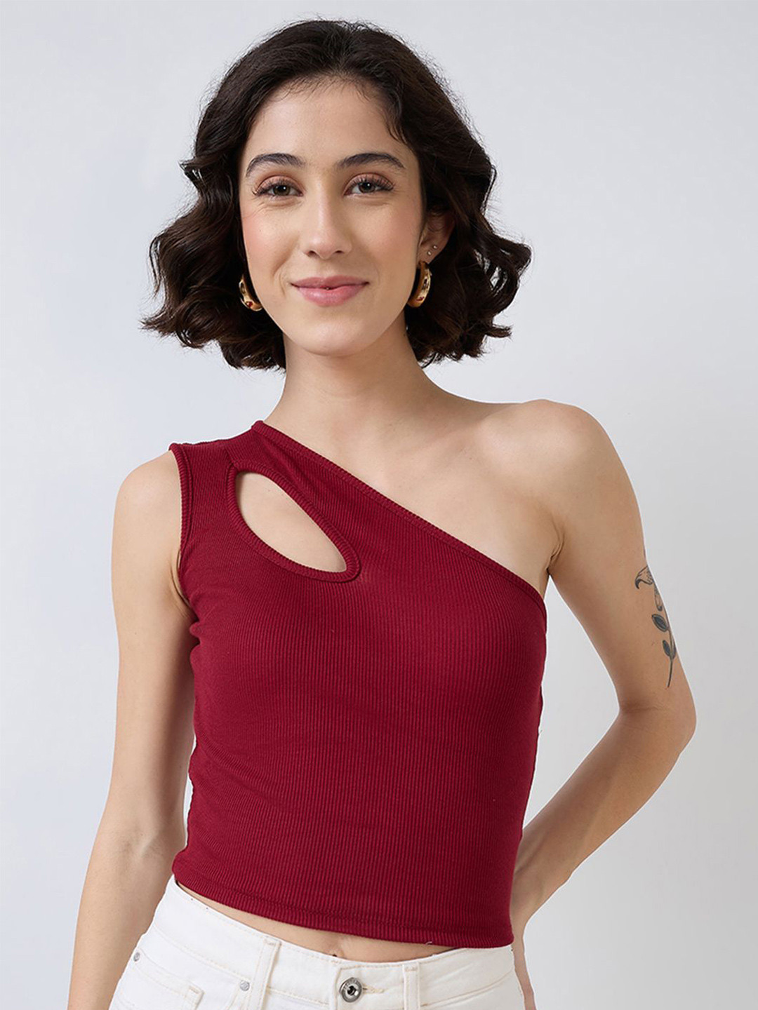 Maroon Ribbed One Shoulder Crop Top