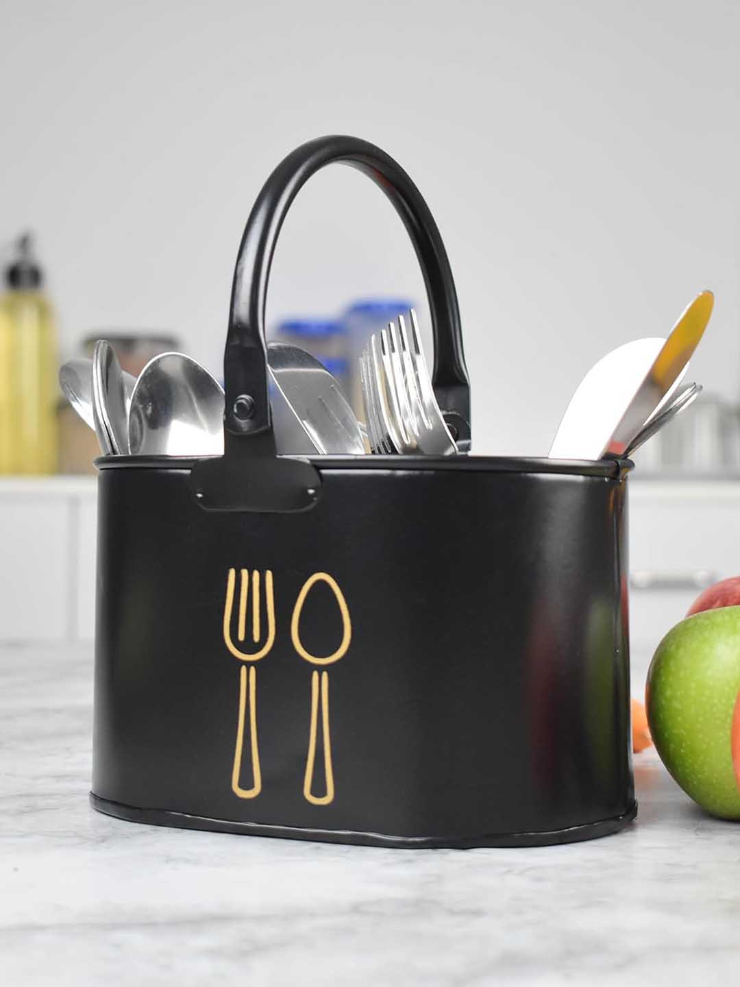 Homspurts Black & Yellow Spoon & Fork Printed Cutlery Holder