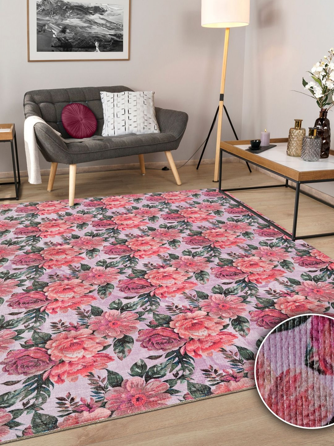 Kaleen India Purple & Green Floral Printed Rectangle Anti-Skid Carpet