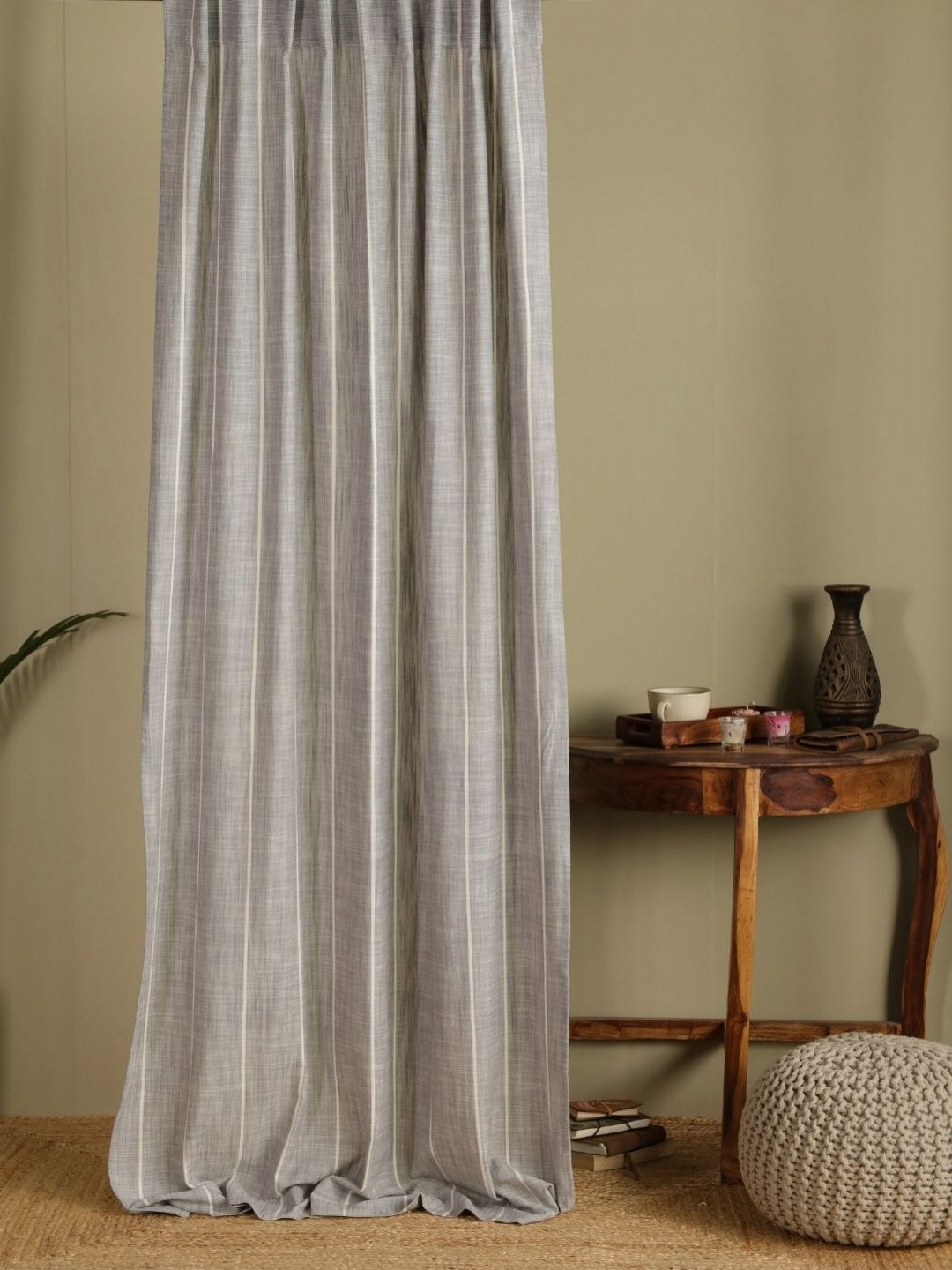 Peepul Tree Charcoal & White Striped Cotton Door Curtain -9ft