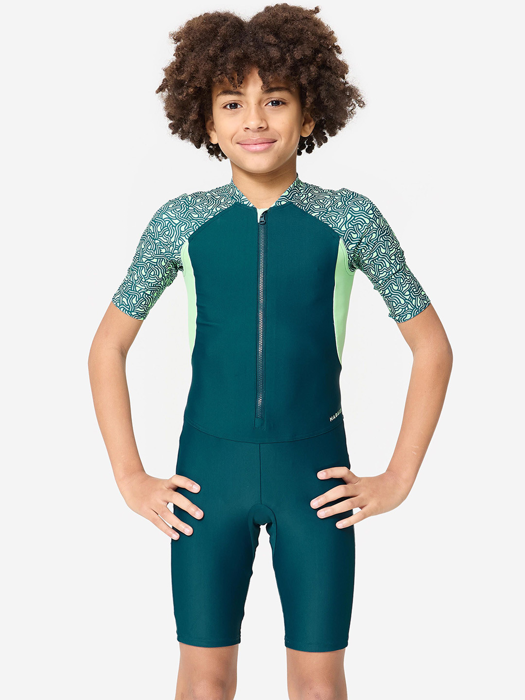 Decathlon NABAIJI - Boys Green Printed Front-Zip Swimsuit With Shorts