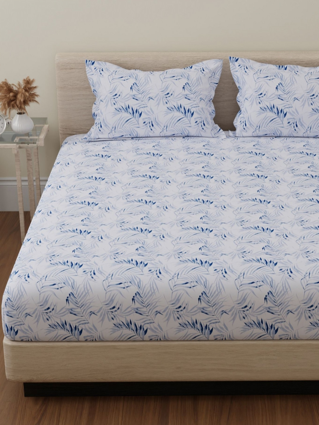 Huesland Slate Blue Floral Cotton 144 TC King Bedsheet with 2 Pillow Covers-108 x 108 inches