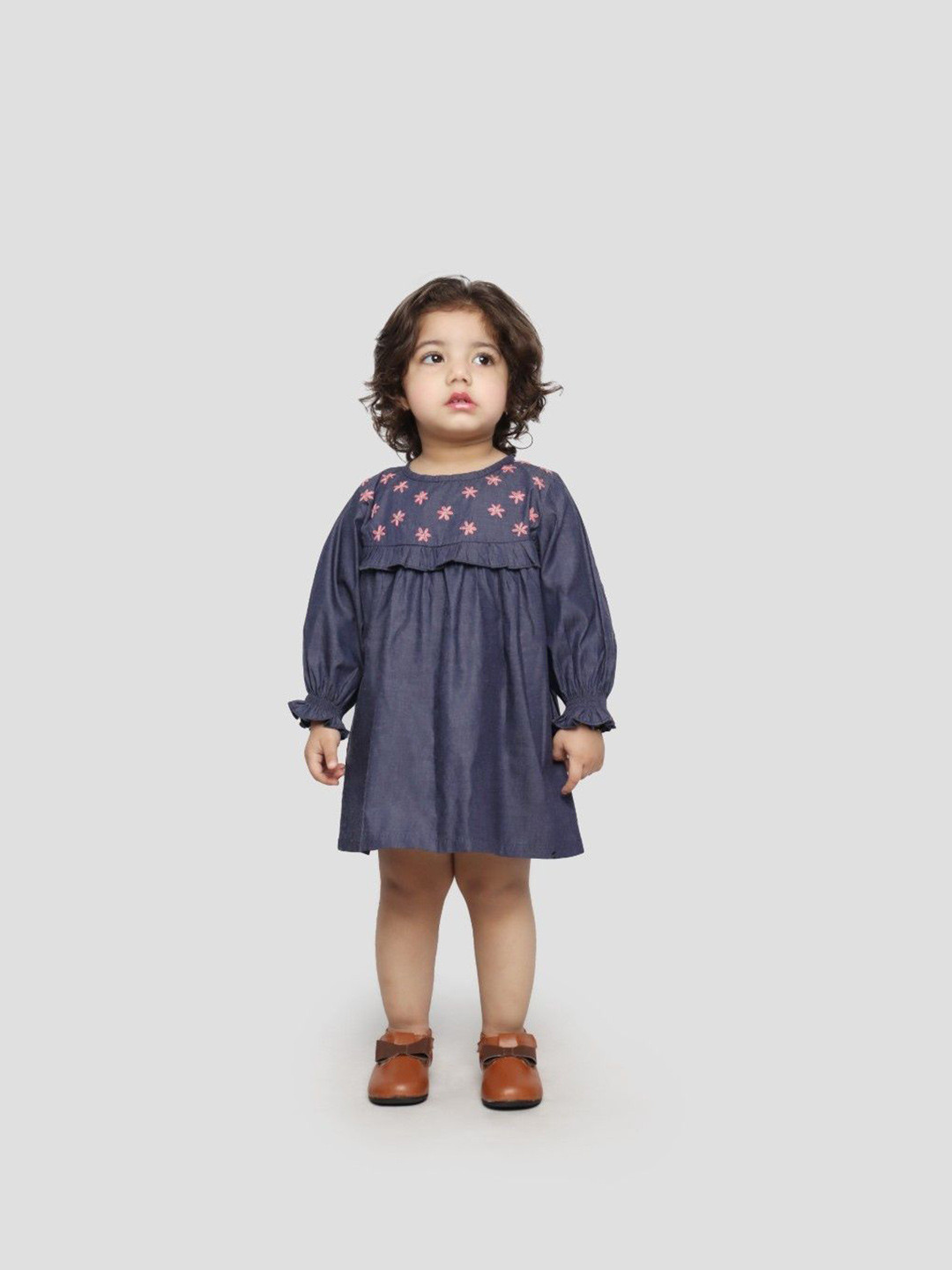 EARTHY TWEENS Girls Charming Denim Dress with Floral Embroidery