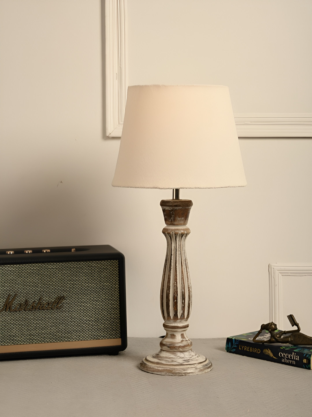 green girgit Off White & Brown Frustum Shaped Wooden Table Lamp With Bulb