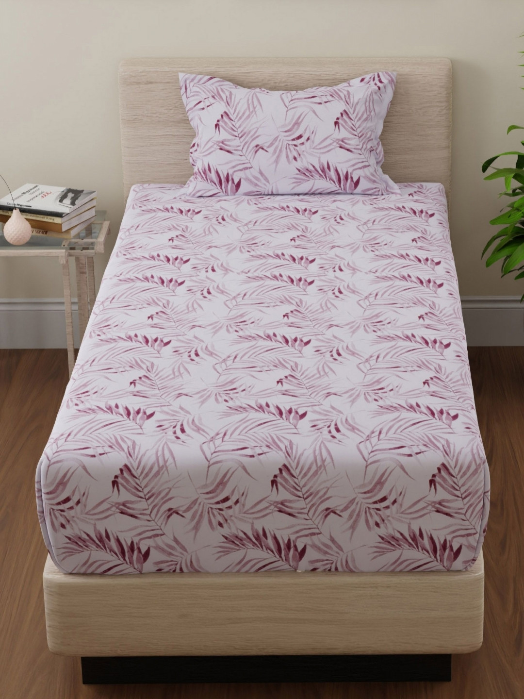Huesland By Ahmedabad Maroon Leaf Cotton 144 TC Single Bedsheet with a Pillow Cover-88 x 55 inches