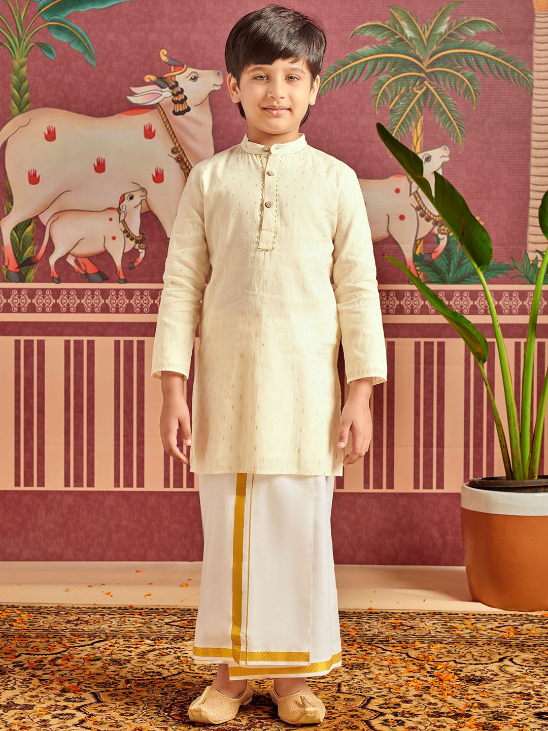 MASTARANG Boys Off White Cotton Lurex Kurta