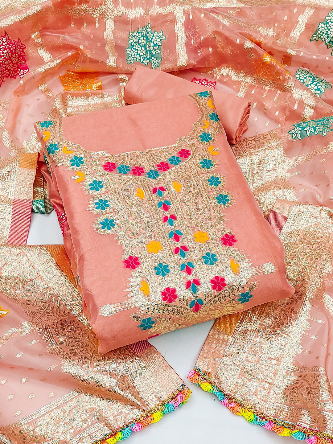 SAINOOR Jacquard Floral Woven Design Beads And Stones Organza Semi-Stitched Dress Material