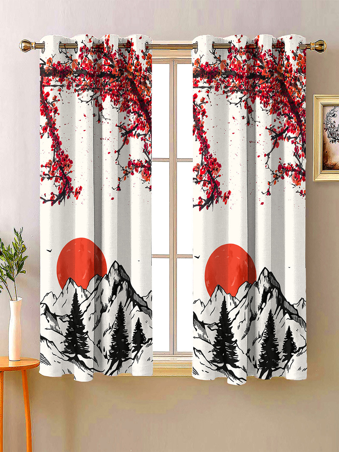 Steve & Anderson Aura White And Red 2 Peices Printed Window Curtains (5 Feet)