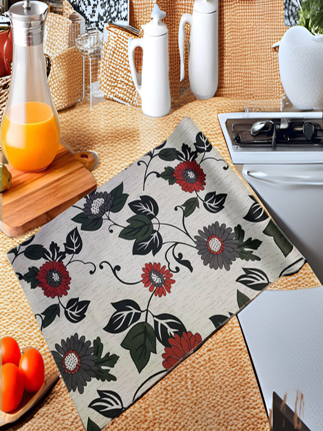 REVEXO Black And Red Floral Printed Water-Resistant PVC Shelf Liner