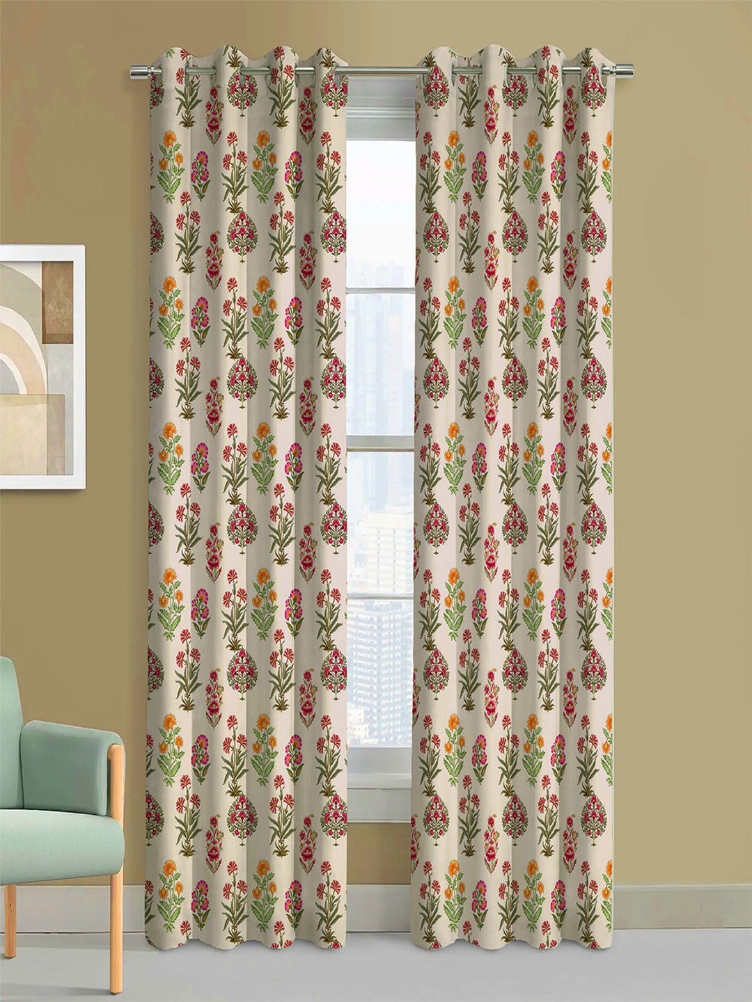 Steve & Anderson Indian Motifs Cream & Pink 2 Pieces Black Out Long Door Curtain (9Feet)