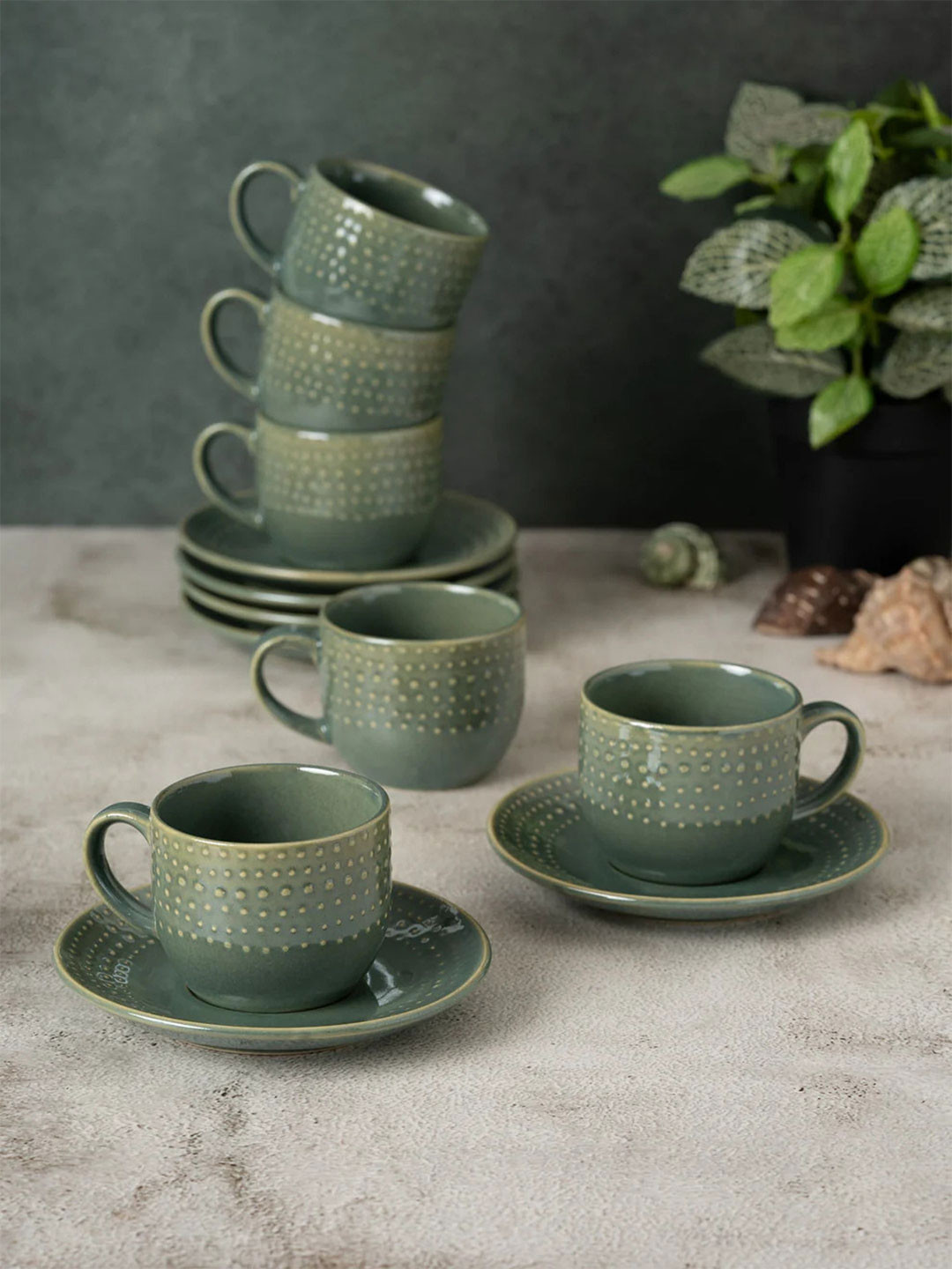 CLAY CRAFT Ceramic Apex Green Cups & Saucer, Set Of 12, Cups For Tea & Coffee