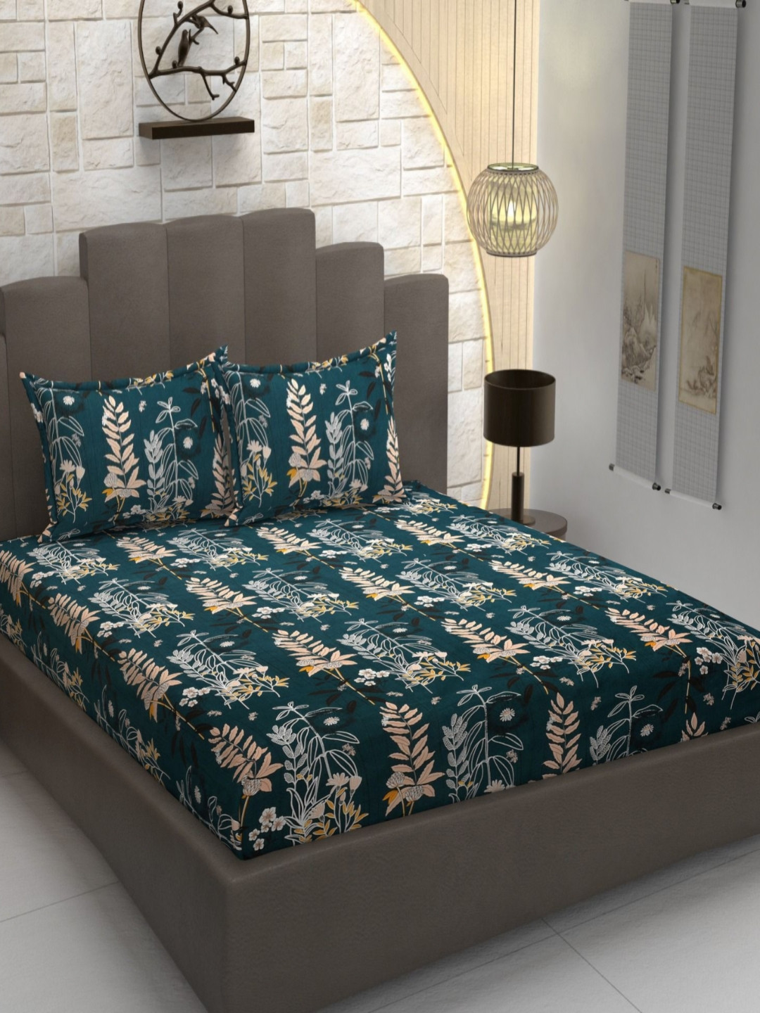 Banchmark Home Furnishings Sea Green Floral Cotton 200 TC Fitted King Fine Bedsheet with 2 Pillow Covers-72 x 78 inches